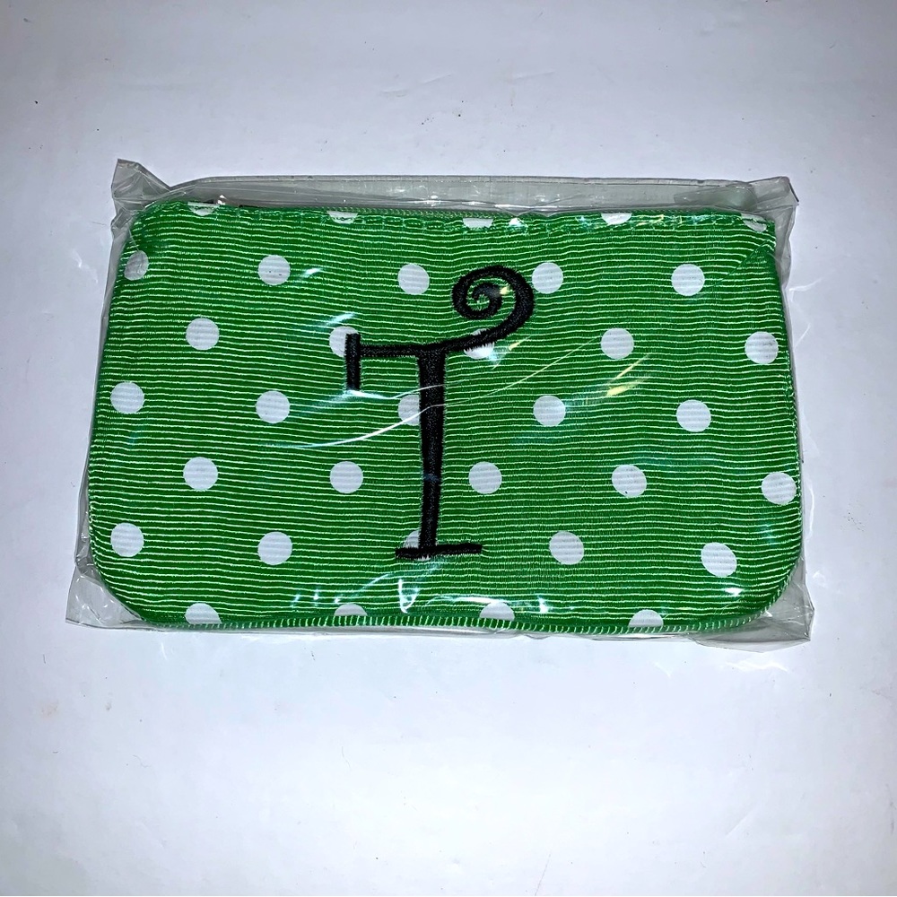 Small Fabric Monogram Pouch - Letter T Polka Dot Green